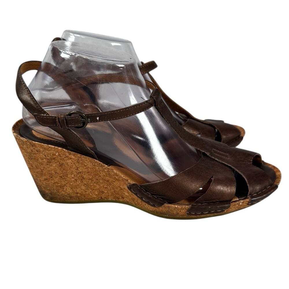 Clarks Artisan Alameda Sandals 9.5 Bronze Leather Cork Wedge Slingback Chic